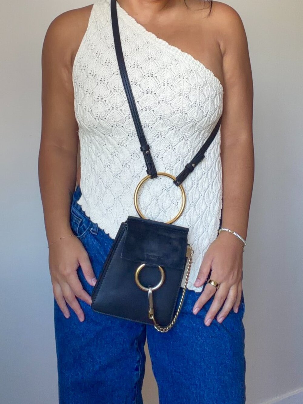 Chloe Faye Mini Bracelet Bag | Black Suede Leather Crossbody | Designer Purse